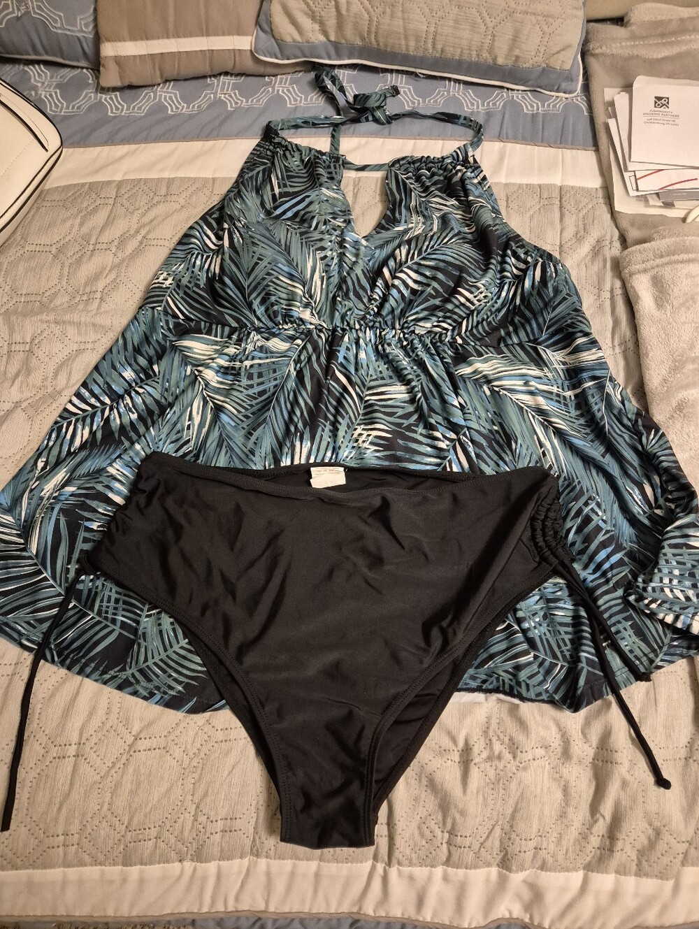 Tropical Leaf Halter Tankini Top with Black Swim Briefs